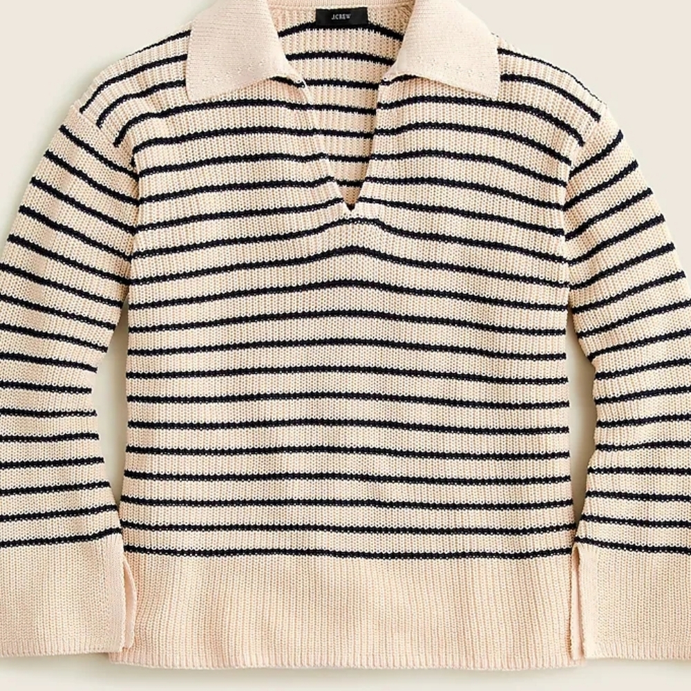 J. Crew Cream and Black Striped Polo-Scoop Knit Sweater
